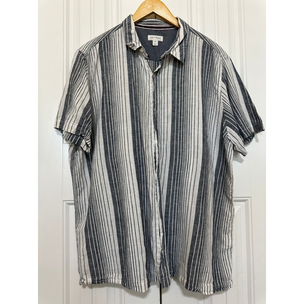 Sun + Stone Mens Shirt XXL Navy White Good Striped Linen Blend Coastal Summer